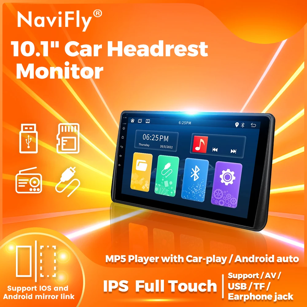 Navifly 10.1 بوصة مشغل وسائط متعددة سيارة مسند الرأس MP5 دعم Carplay أندرويد السيارات USB المقعد الخلفي رصد AV شاشة تعمل باللمس