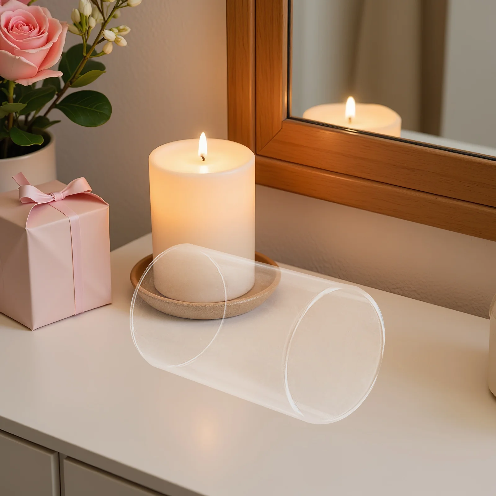 Szklany cylindryczny klosz na świecę, osłona na świecę, świecznik na otwarty płomień, szklane dekoracyjne cylindryczne świeczniki