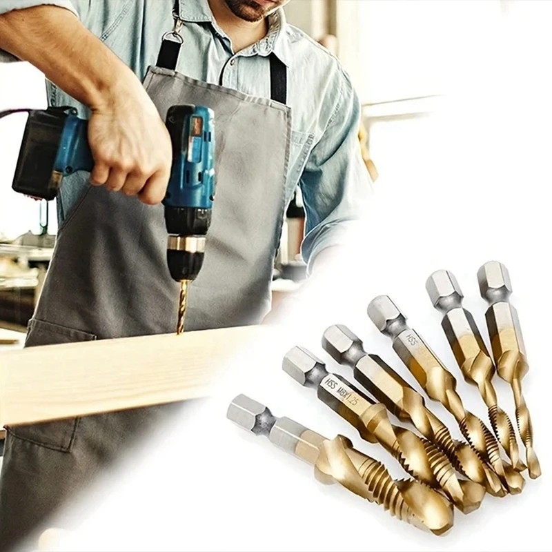 チタンメッキ六角シャンクドリルビット,hssネジ山,メートル法タップ,複合タップ,オープン面取りツール,m3,m4,m5