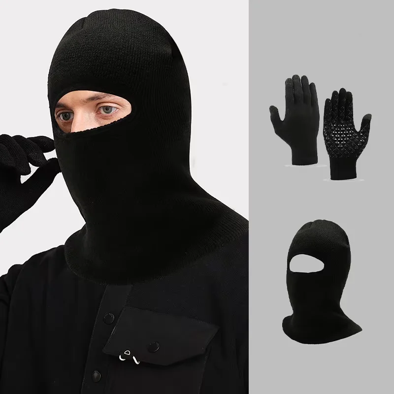 الشتاء محبوك قبعة الرجال في الهواء الطلق الدراجات عارية سميكة الدافئة قبعة قفازات العرقية العين الرقبة الحرس محبوك طقم قبعات