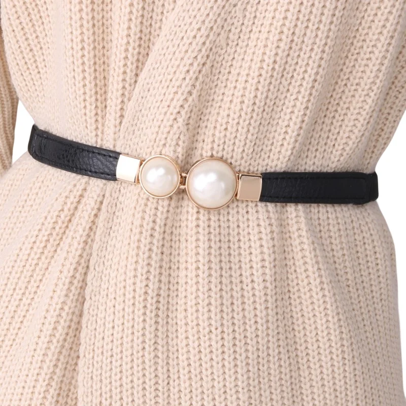 Women's Elastic Waistbands fashion Stretch cummerbunds Thin Peal Double big Pearl belt Tide Black dress accessories