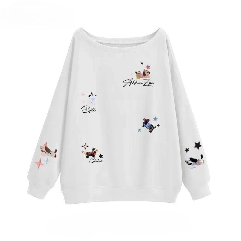 Light Grey Off Shoulder Sweatshirt Puppy Print Cotton Oversized Pullover 2025 Fall Indie Style Top