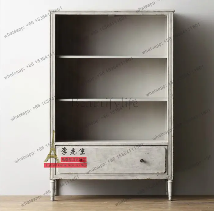 

American country French solid wood bookcase European style multi-level bookshelf storage cabinet