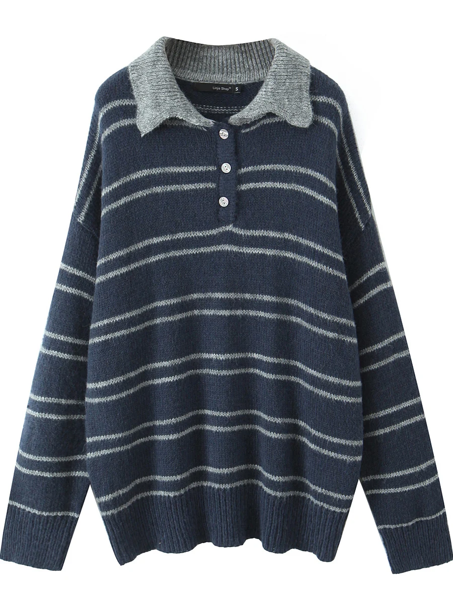 

Свободный американский ретро-популярный трикотаж в полоску для девочек Long Sve, осенне-зимний женский свитер премиум-класса