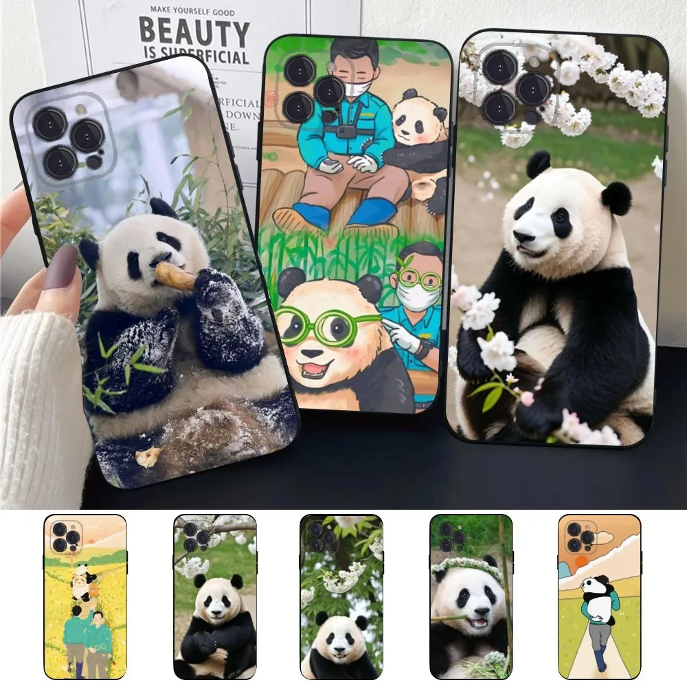 Fubao panda Phone Case For Apple iPhone 15,14,13,12,11,XS,XR,X,8,7,Pro,Max,Plus,mini Silicone Black Cover