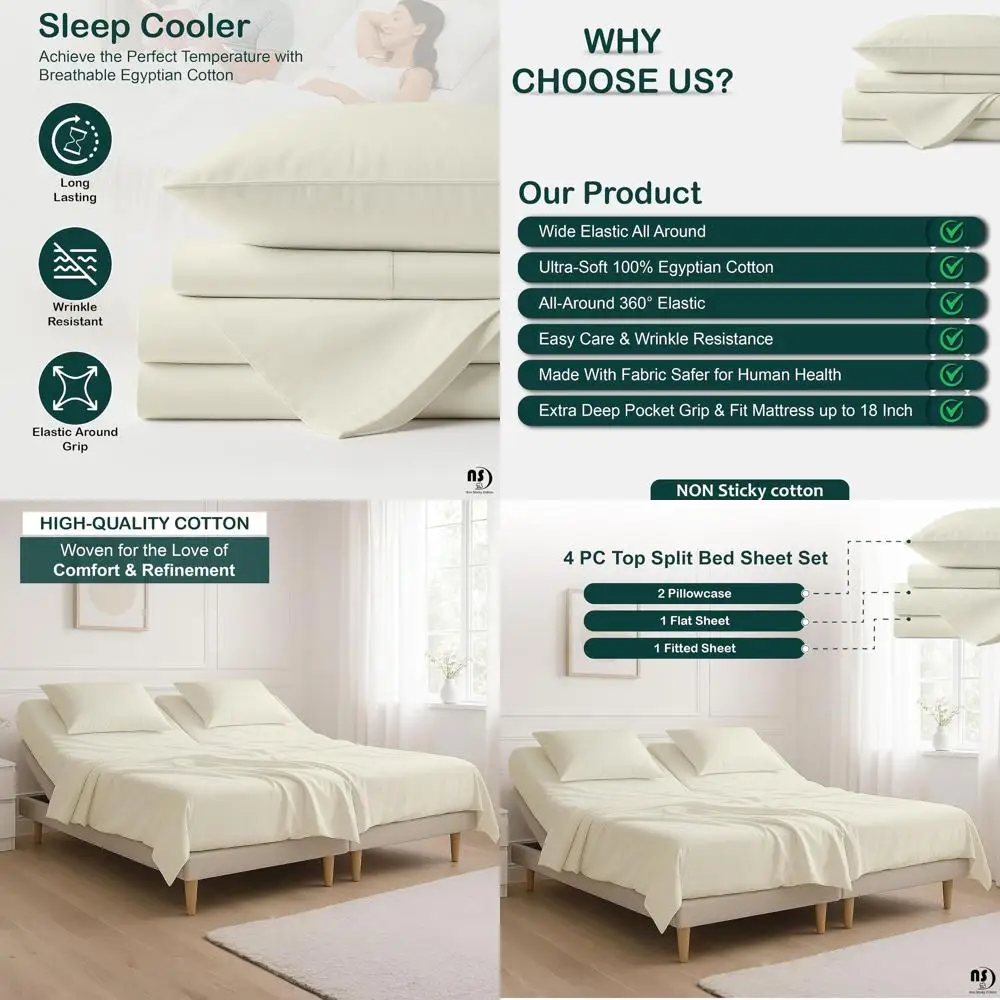 Egyptian Cotton Split King Sheet Set for Sleep Number Beds, 34 Flex Head, 18 Deep, 78x80, Ivory