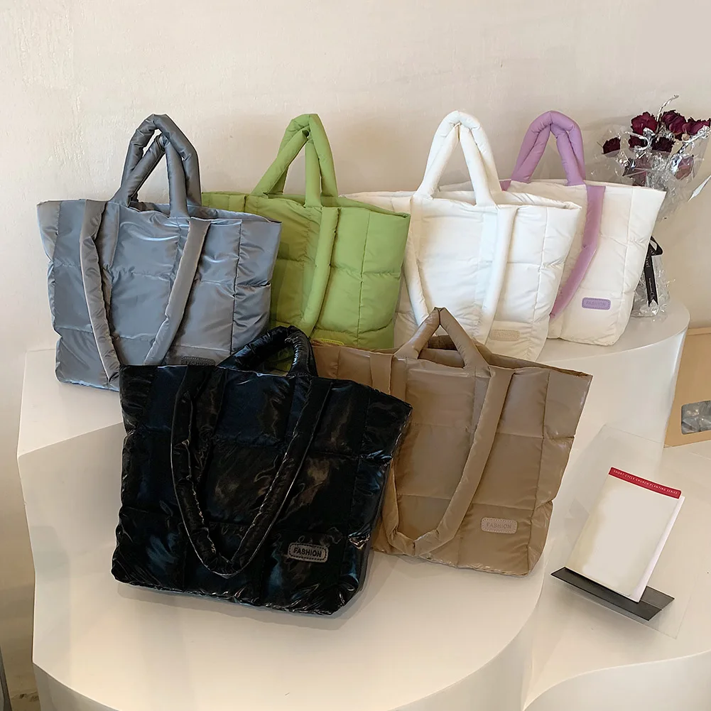 

Women Cotton Padded Handbag Solid Color Checkered Quilted Handbag Large Capacity Soft Autumn Winter Female Bag