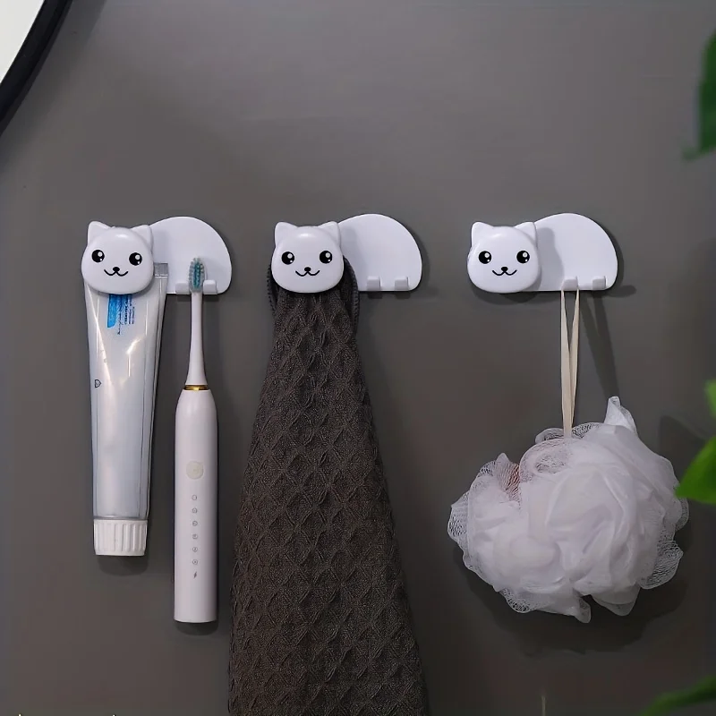 2pcs Cute Cat Design Wall Mounted Toothpaste and Toothbrush Holder - Convenient and Stylish Bathroom Accessory