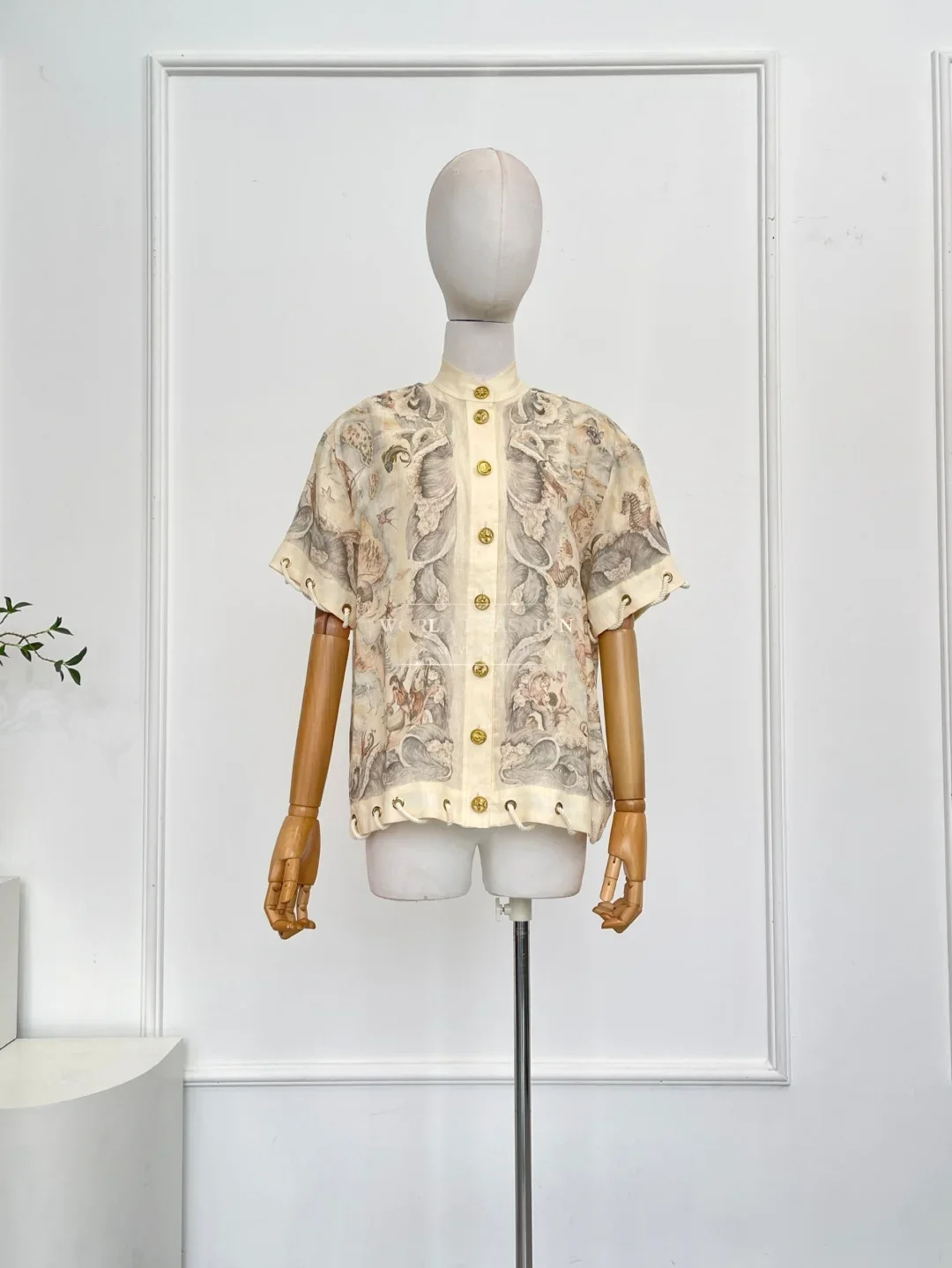 

2025 Beige Navigation Waves Print Short Sleeve Blouse Tops and Shorts Set New Design