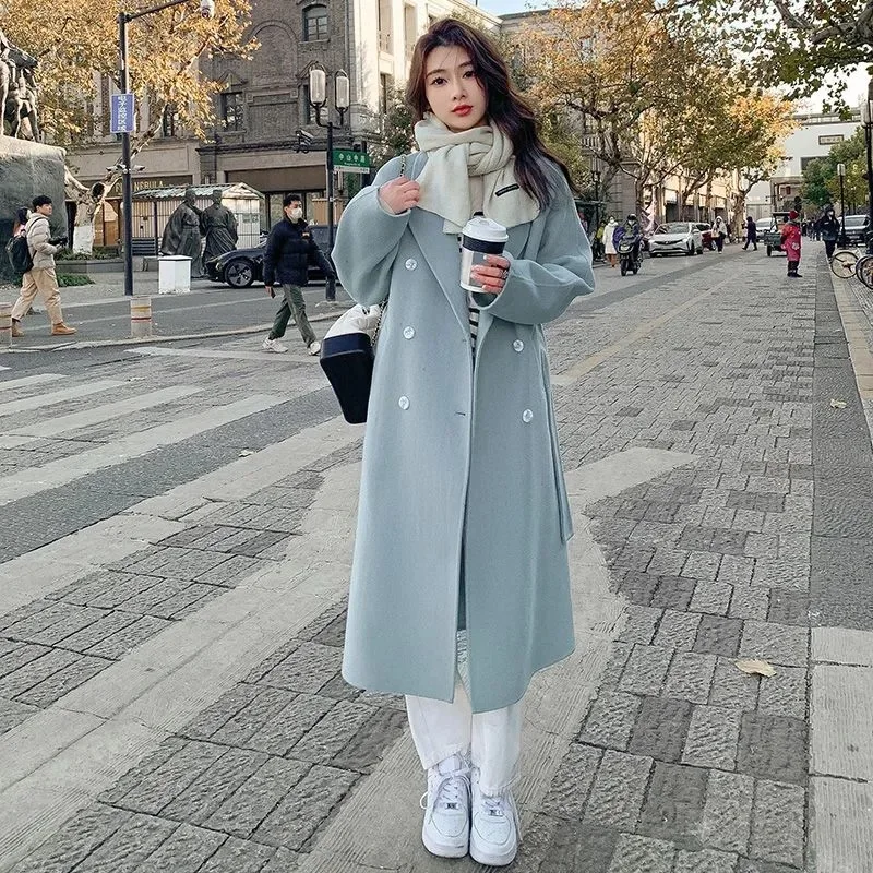 Herbst Winter Lose Woolen Mantel für Frauen Casual Feste Oberbekleidung mit Gürtel Koreanische Mode Chic Weibliche Mantel Kleidung