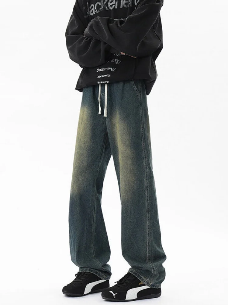 

American Retro Waed Dstring Jeans Men's Spring Autumn Loose Wide Leg Drape Straight Tube Pants Cool Versatile Knife Pants