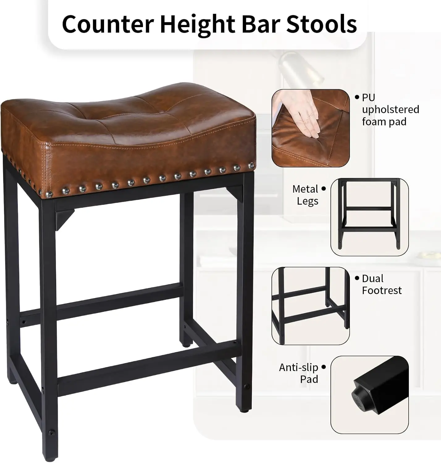 Set of 2, Counter Height Bar Stools for Kitchen Counter, 24 Inch Saddle Barstools Kitchen Stools, Counter Height Stools for Bar