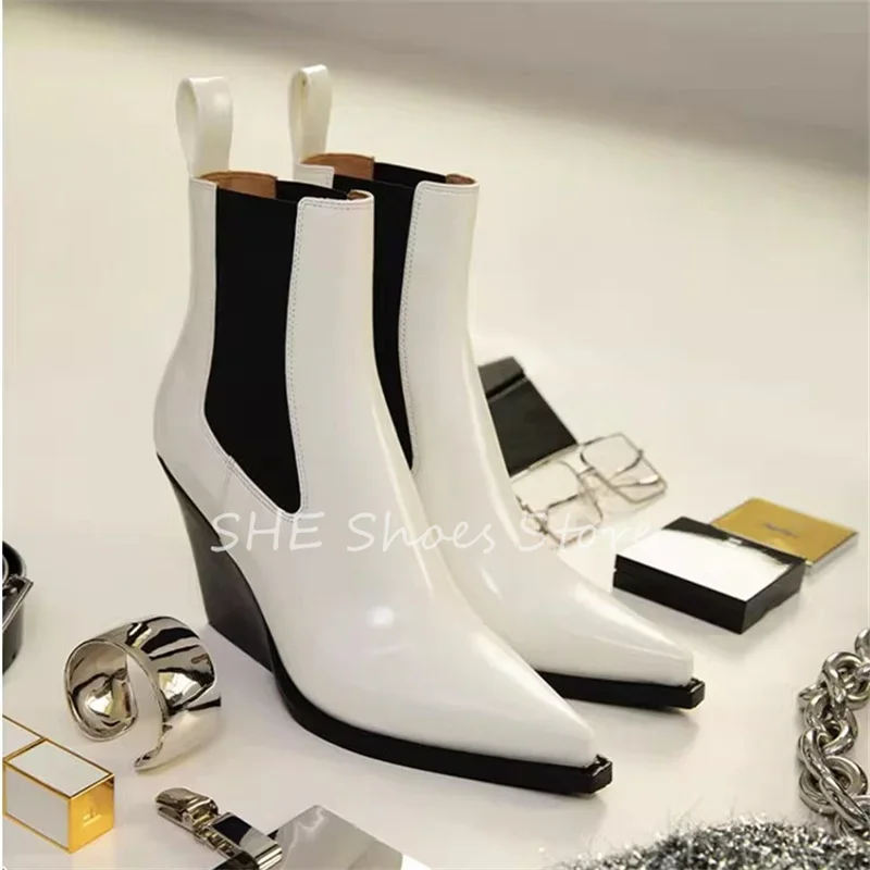 

Retro Chelsea Boots for Women Pointed Toe Wedges Leather Short Boots Autumn High Heels Slip-On Shoes Ladies Dress Boots