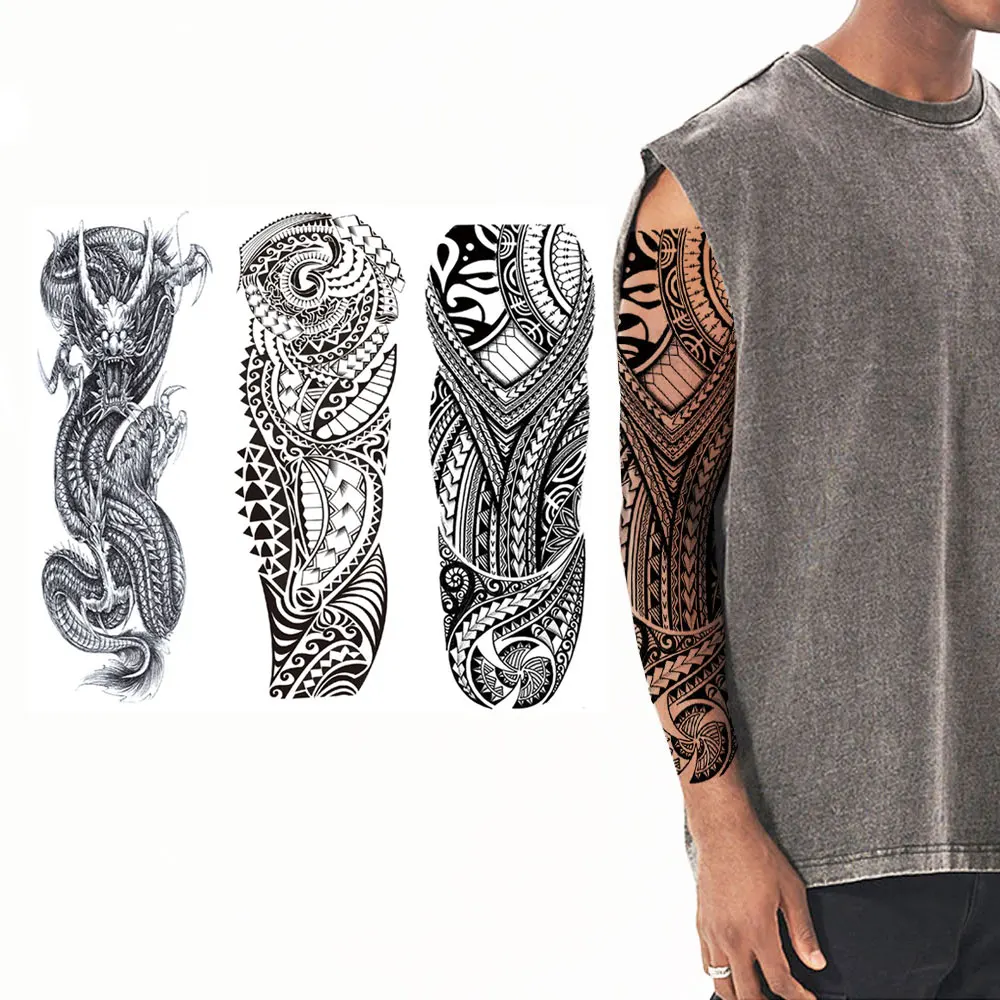Waterproof Temporary Tattoo Stickers Dragon Totem Geometric Full Arm Sleeve Tatoo Fake Tattoos for Men Women