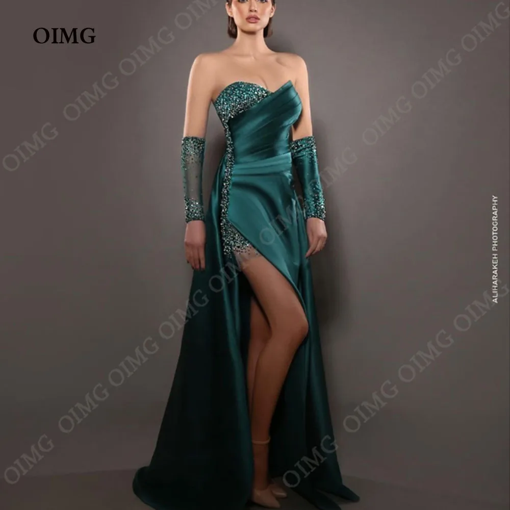 

OIMG Sparkly Green Satin Sequin A Line Prom Dresses Sweetheart Long Sleeves Sexy Split Slit Pleats Dubai Evening Gown For Women