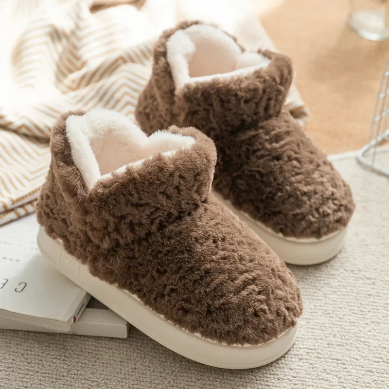 

Women Fluffy Shoes Winter Thick Heeled Couple Cotton Footwear Outside Warm Snow Boots Solid Casual Anti Slip Female Ankle Boot