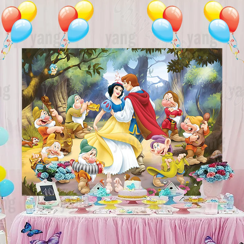 Cute Snow White Princess Seven Dwarfs Disney Forest Backdrop Background Support Customize Party Cloth Baby Shower Kids Birthday