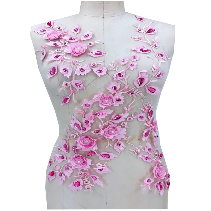

Apricot/Pink Sewed in Rhinestone Beaded Lace 3D Applique Crystal Trim Patch Wedding Dress/Performance Costume DIY Accessories
