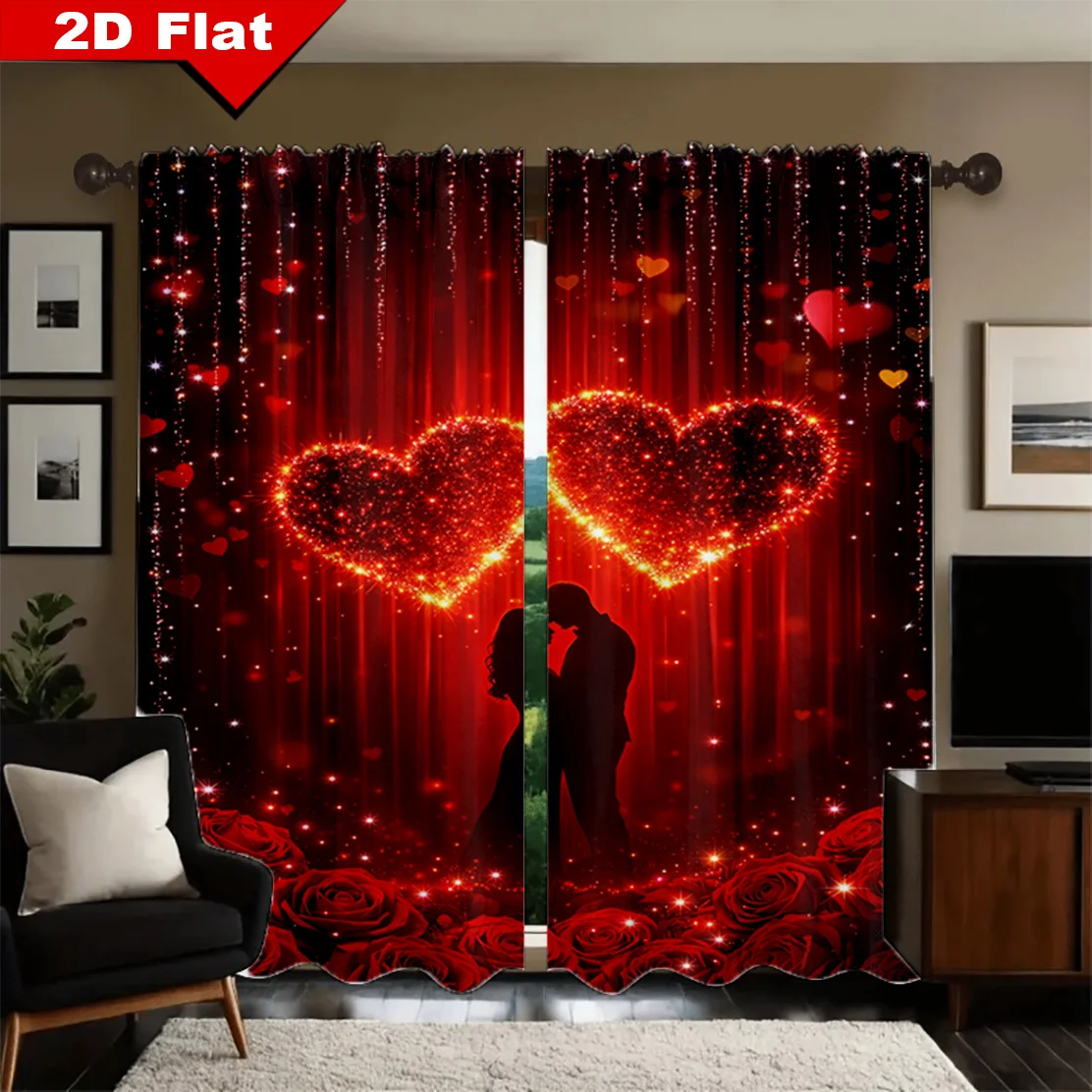 

2D Flat, 2pcs Romantic Heart Curtains Red Sparkle Couple Silhouette Print Drape Bedroom Wedding Home Decor Panels