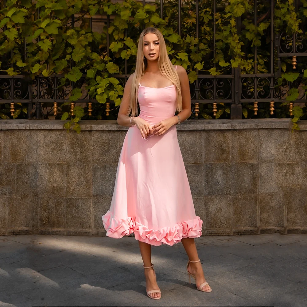 

Sexy Pink Spaghetti Strap Sleevesless Evening Dress Hem Pleat Prom Gowns Elegant Trumpet A-line Minid Dress Customize 2026