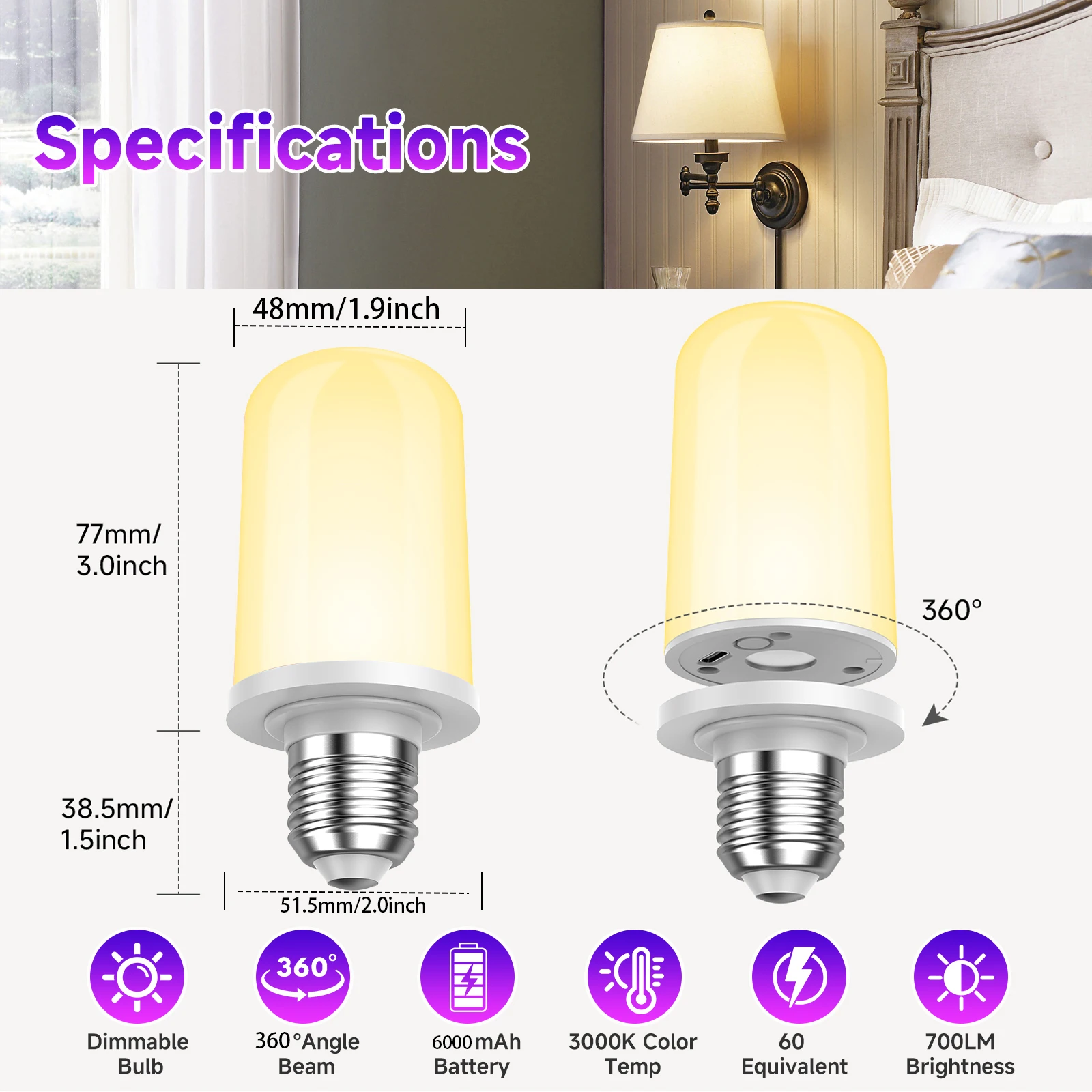 Rechargeable light bulb, 360 ° adjustable ambient light, RGB mode suitable for bedrooms, multi-color smart bedside table light