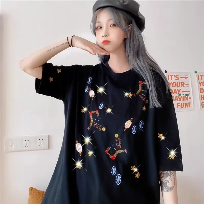 High Quality Embroidery Tees Women Loose Pure Cotton Kawaii T Shirts Summer Short Sleeve Loose White Y2K Tops Aesthetic Clothes