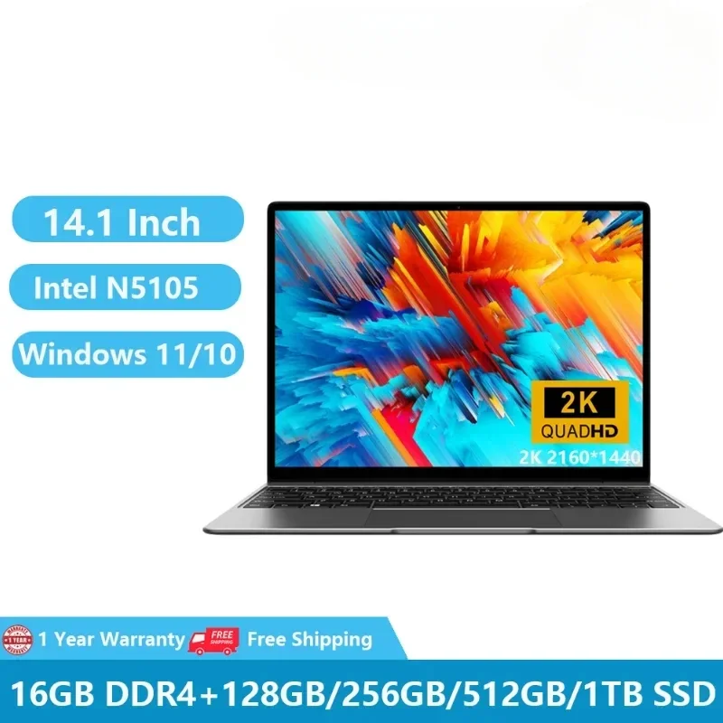 Ordinateurs portables de jeu portables, Windows 11, Office Notebook, Netbook Business, 14.1 ", 2K, 11e, Isabel Intel Celeron N5105, 16 Go de RAM + 1 To, WiFi 5G