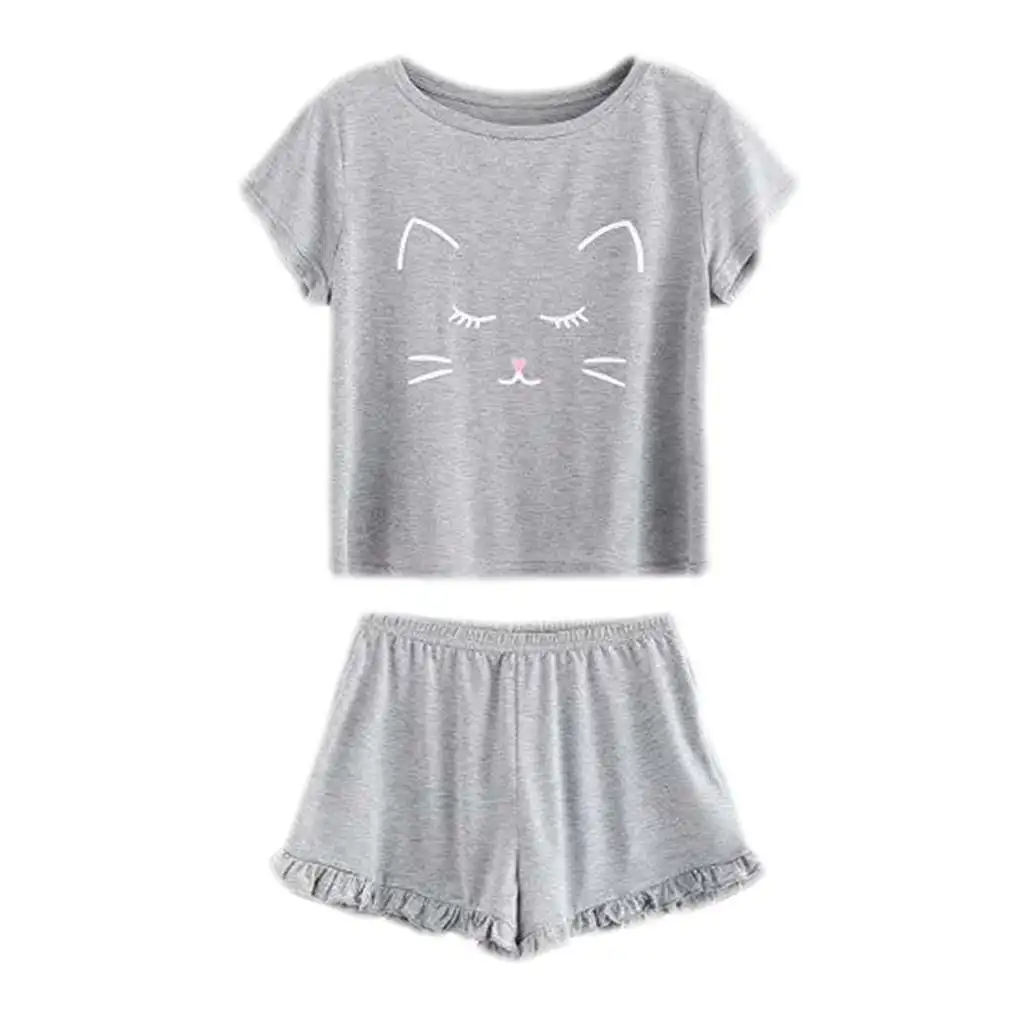 

Women's Casual Sleepwear Nightwear Set Pajamas Short Sleeve Cartoon Top Shorts