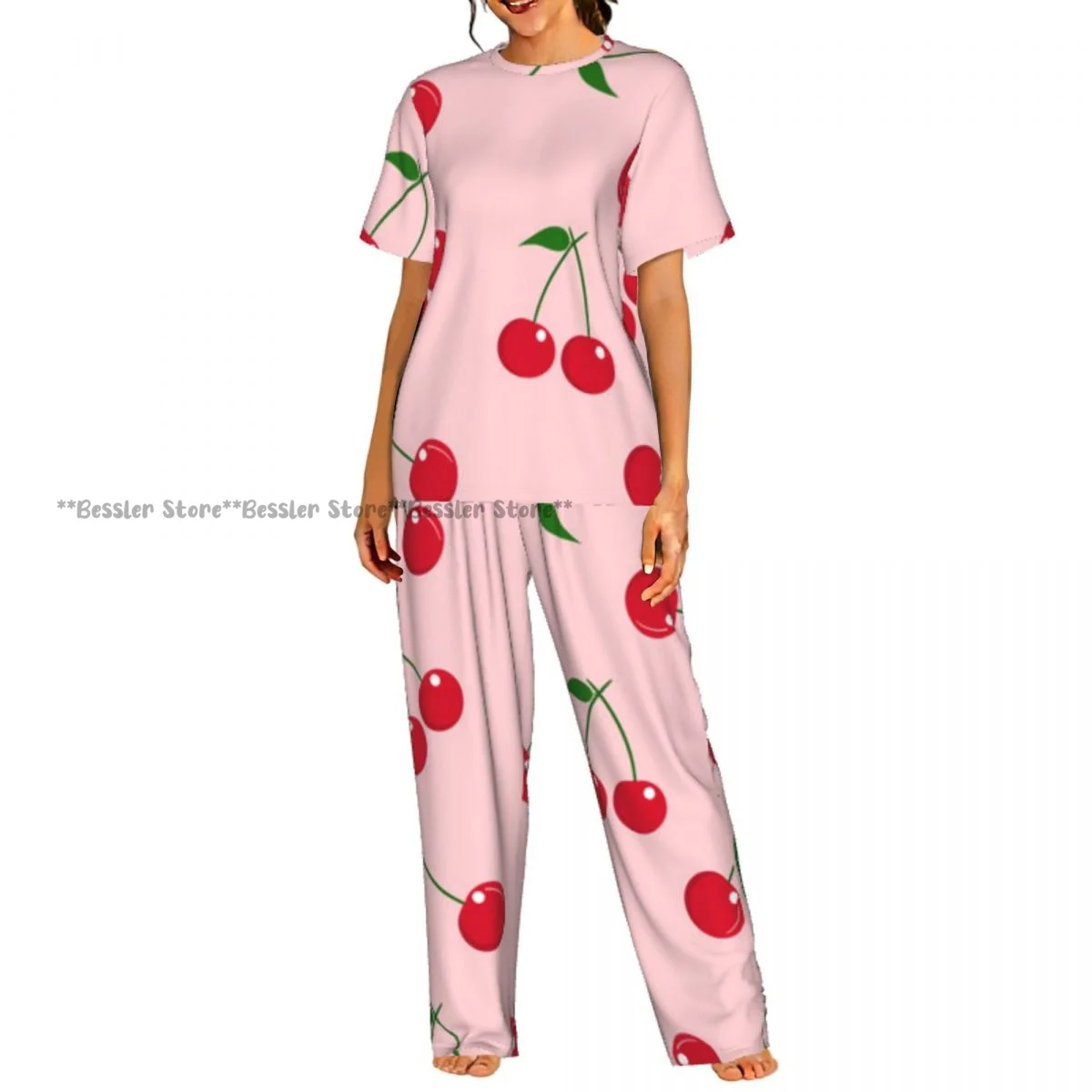 

Women's Pajamas Set Cherry Print Short Sleeve Sleepwear 2 Piece Homewear Loungewear