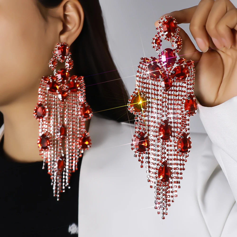 Stonefans Red Tassel Earrings Long Dangle Sparkly Elegant for Women Bohemian Exaggerated Jewelry Luxury Crystal Accessories Gift