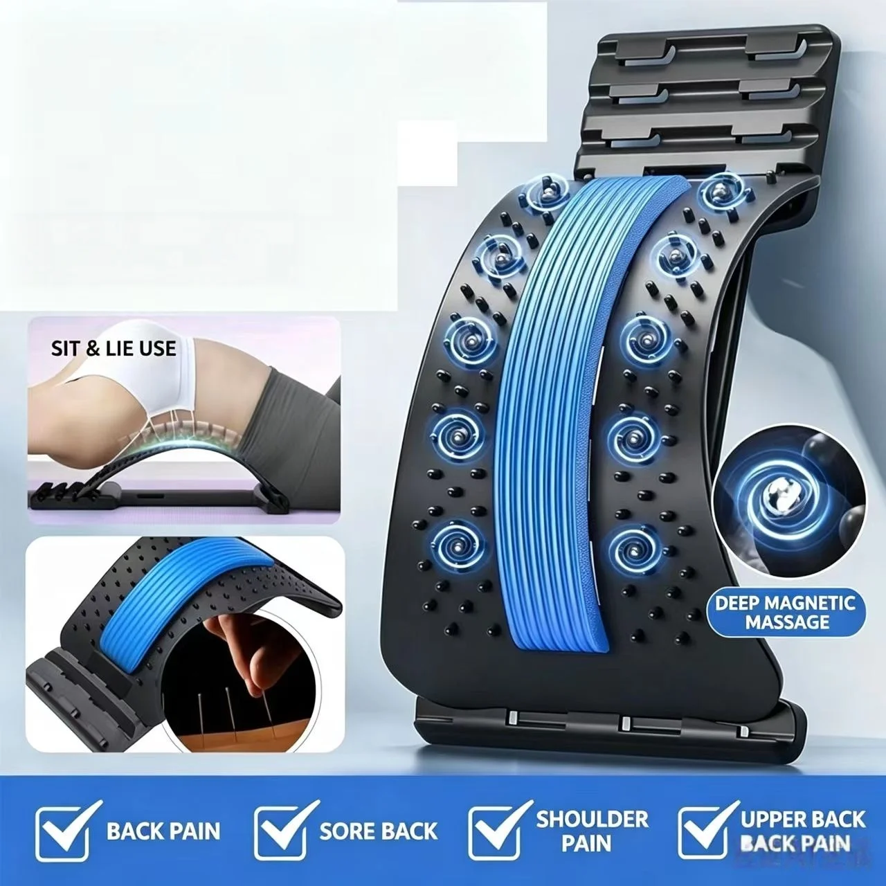 Multi-Level Back Stretching Device & Lumbar Support Massager, Adjustable Spinal Pain Relief for Bed Chair Car Home Office