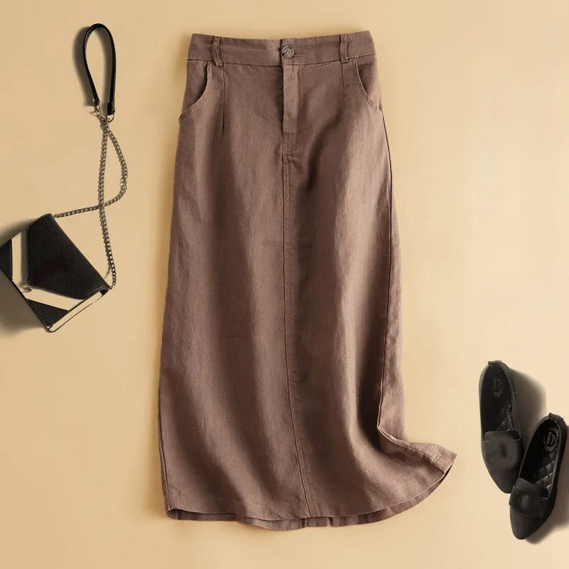 

Versatile Minimalist Solid Color Linen Skirt Bohemian Vintage Midi A Line Skirt Loose Casual Dress Natural Style Comfortable