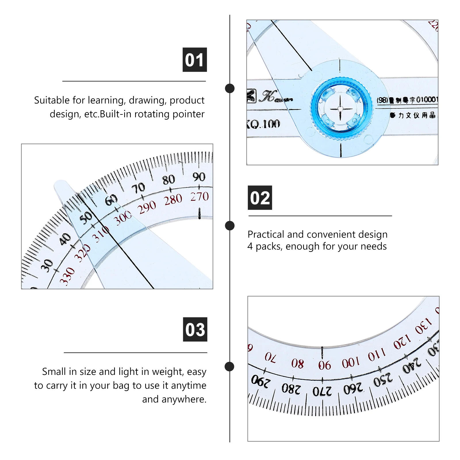 4 Pcs Ruler Protractor Scale Drafting Tool Circle Major Geometric Sky-blue Geometry Student Use