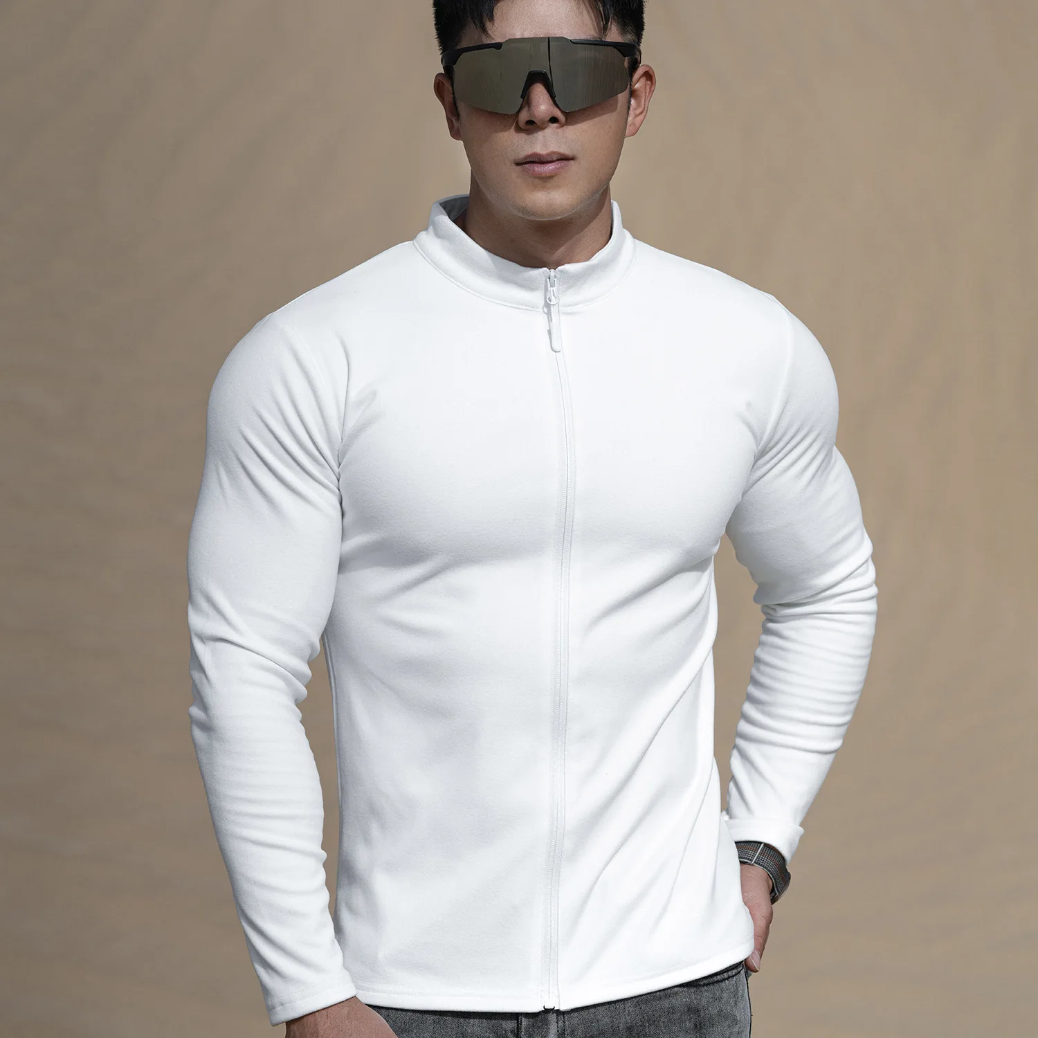 Męska sportowa bluza fitness z długim rękawem, stójką, jednolita kolorystyka, kurtka do joggingu, bluza treningowa z zamkiem błyskawicznym, długi rękaw.