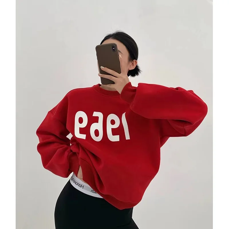 

Women Red Sweatshirt Letter Printing Crew Neck Korean Fashion Lazy Wind Baggy Vintage Thicken Long Sleeves Pullover Tops Winter