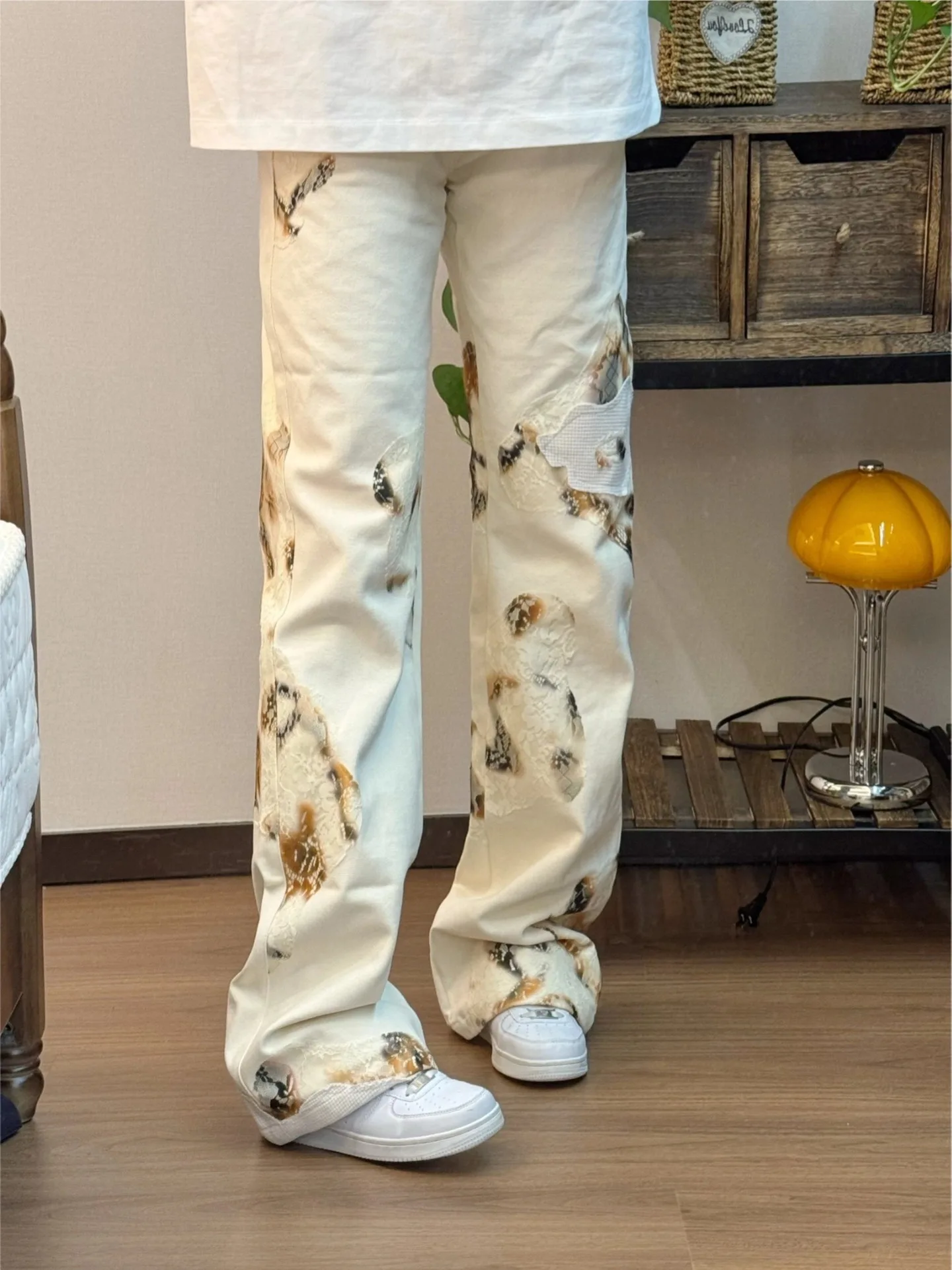 

Джинсы прямого кроя в стиле ретро American Vibe Lace Flame для мужчин и женщин, облегающие, длинные брюки, повседневная одежда, молодежная мода