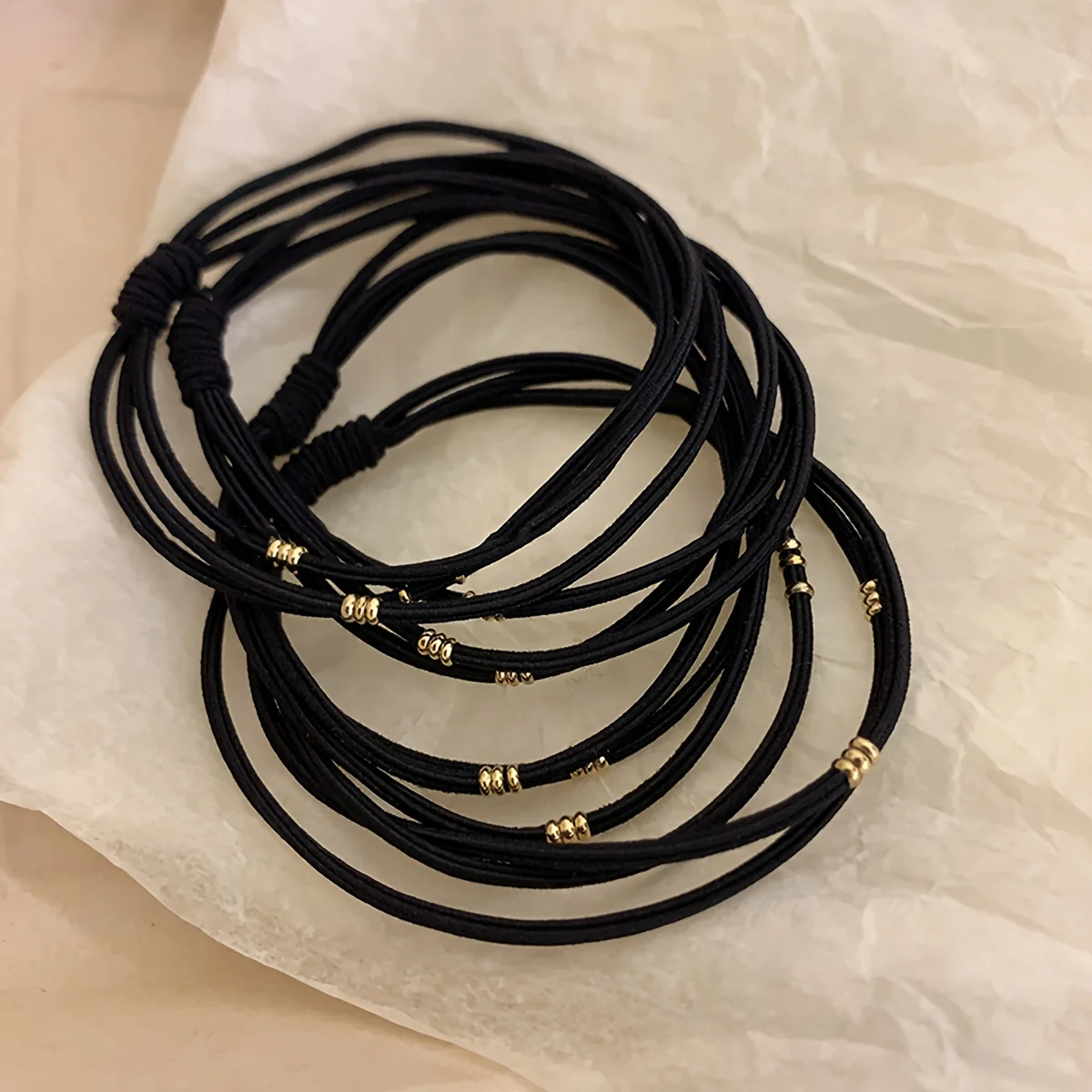 4 Small Gold Bead Hair Ties for Women, High Elastic Headwear, Black Basic Hair Rope, Rubber Band, Hair Headband Accessories