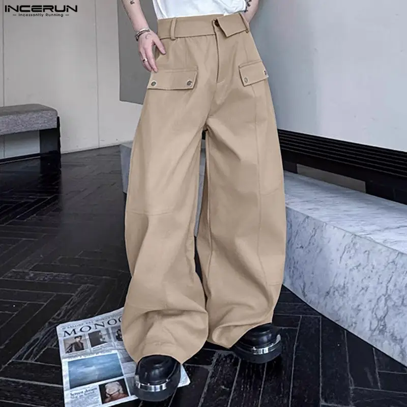 

INCERUN мужские широкие брюки однотонные джоггеры на пуговицах свободные брюки мужская уличная одежда корейский стиль модные повседневные мужские длинные брюки