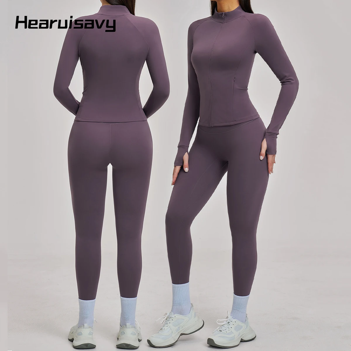 

Спортивный комплект Hearuisavy из 2 предметов: женские спортивные куртки с длинными рукавами и молниями, с карманами, и леггинсы для фитнеса с высокой талией для бега и йоги