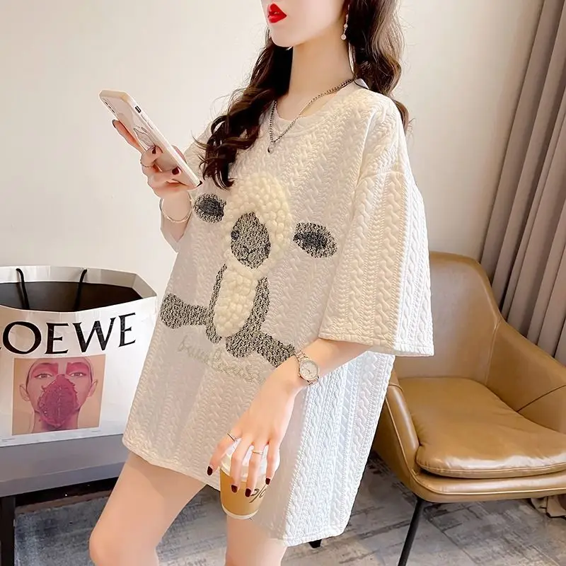 2023 New Summer Fashion Trend Casual Loose Fitting Lamb Embroidery Hot Diamond Mid Length Oversize Short Sleeved T-shirt