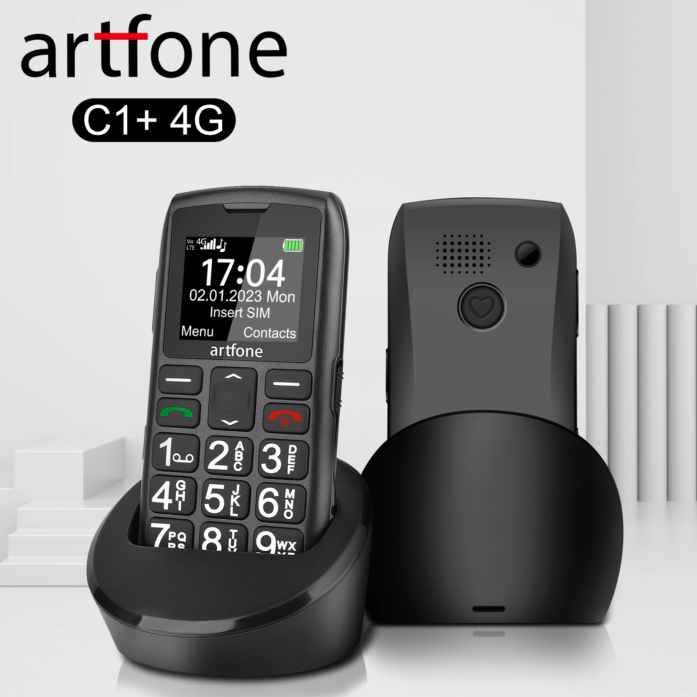 LTE 4G Senior Mobile Phone Artfone C1+ With Charging Dock Big Keypad For Elderly Single Sim One Key SOS FM 1400mAh Bar CellPhone