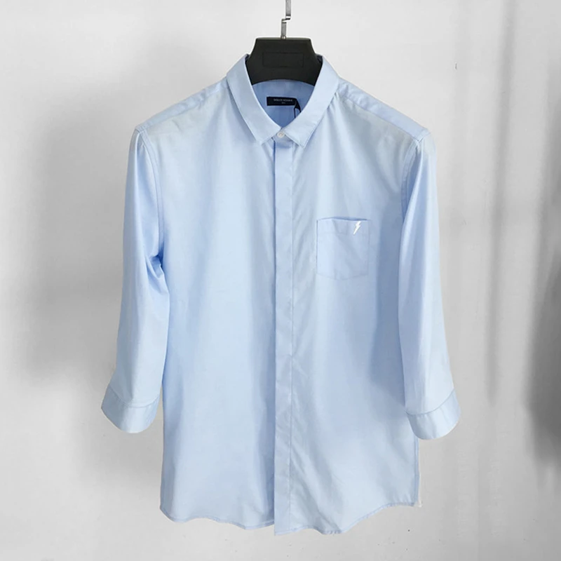 

Dolca Homme Original Summer Slim Fit Casual irt Cotton Elastic Seven Sve Square Collar Youth irt Light Blue Breathable