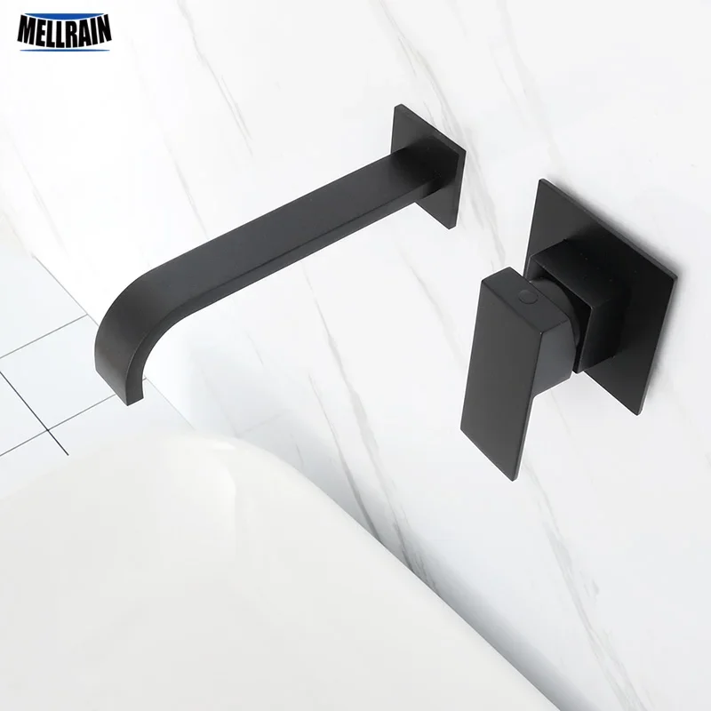 

Matt Black Plated Bathroom Wall Mounted Faucet Quality Brass Waterfall Basin Water Mixer Single Handle Square Tapware