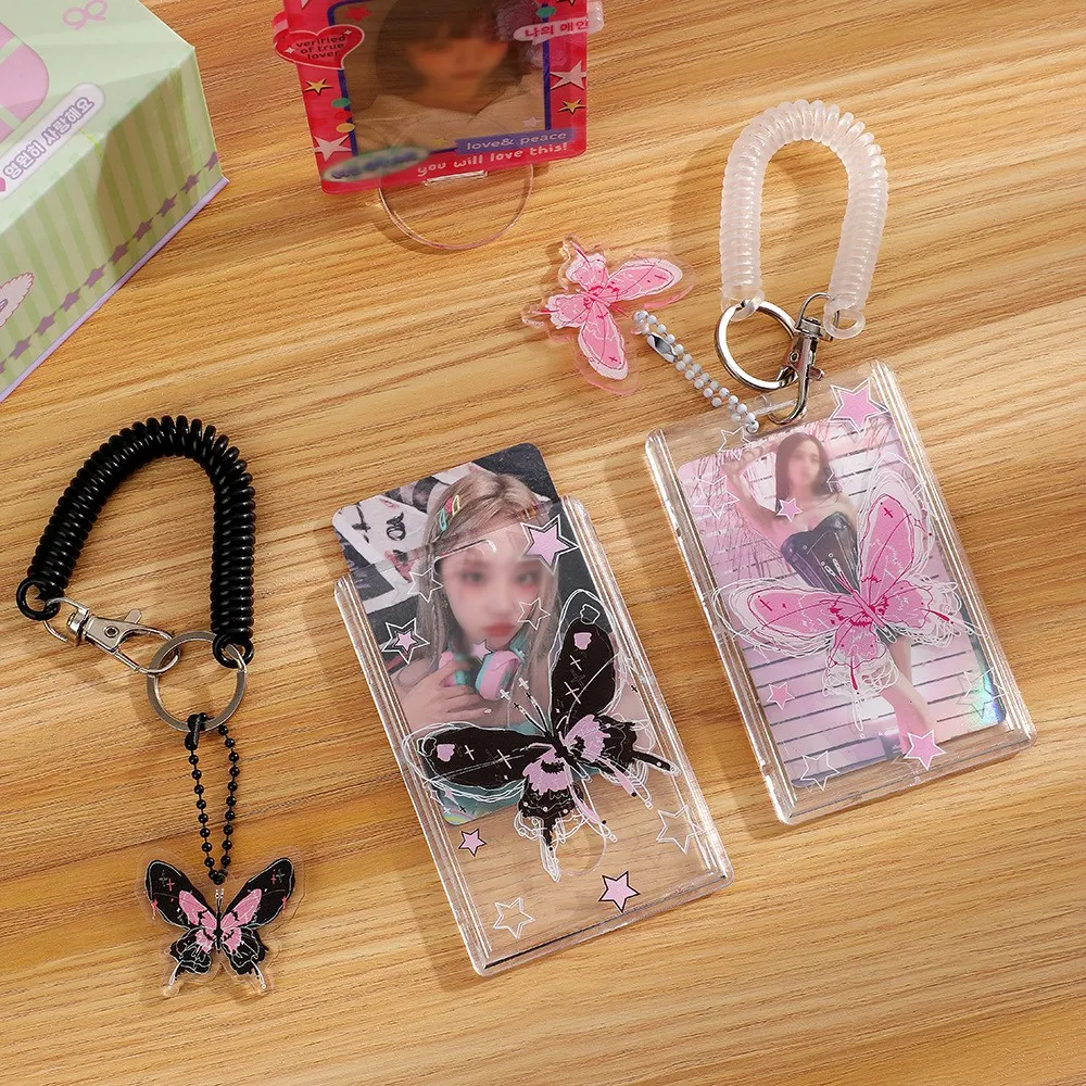 INS Butterfly Photocard Holder Keychain Pendant Transparent 3 Inch Idol Photo Card Sleeves Lovely Bus Bank Card Case Stationary