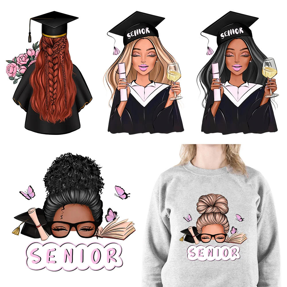 College Senior Girl Patches School Design Graduation Student Iron On DTF Transfer Stickers Ready To Press For Clothes