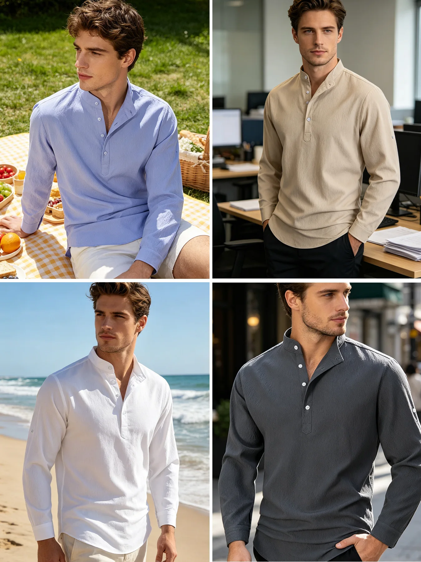 Men Mandarin Collar Henley Shirt Long Sleeve Half Button‑Up Textured Wrinkled Polyester Casual Business Shirts - view 3