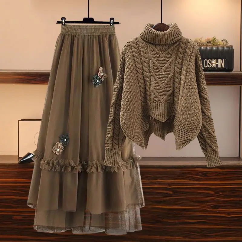 Winter Warm Two Pieces Sets For Women Outfits 2024 Turtleneck Pullover Knitted Twist Sweater+ruffles Patchwork Mesh Skirts Set