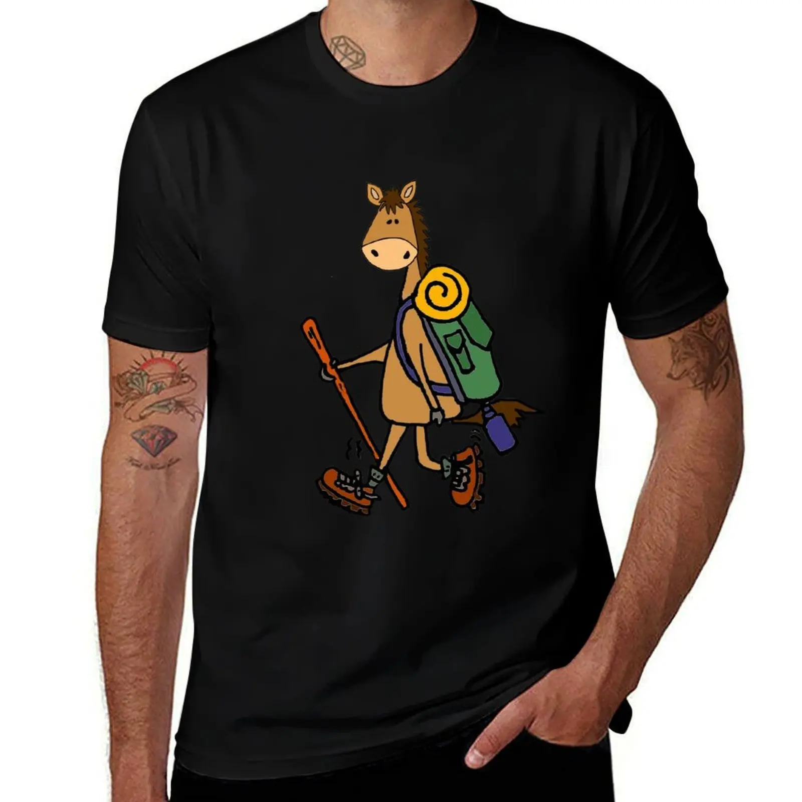 Funny Horse Hiking Cartoon T-Shirt t shirt man luxury T-Shirt