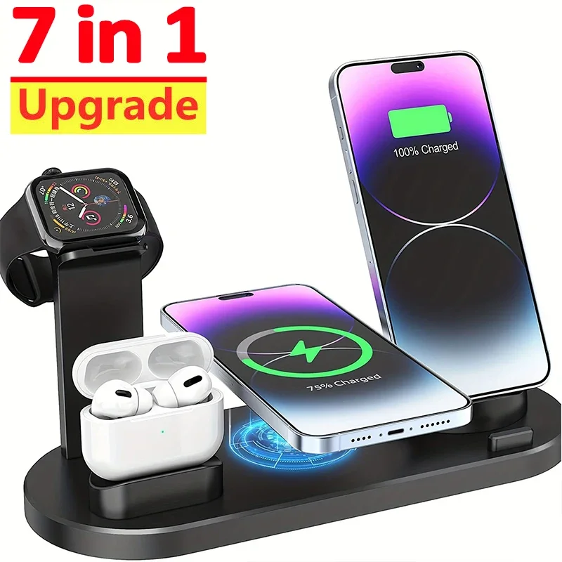 30W 7 in 1 Rotate Wireless Charger Stand Pad For iPhone 15 14 13 12 Pro Max Airpods Pro iWatch 8 7 Fast Charging Dock Station