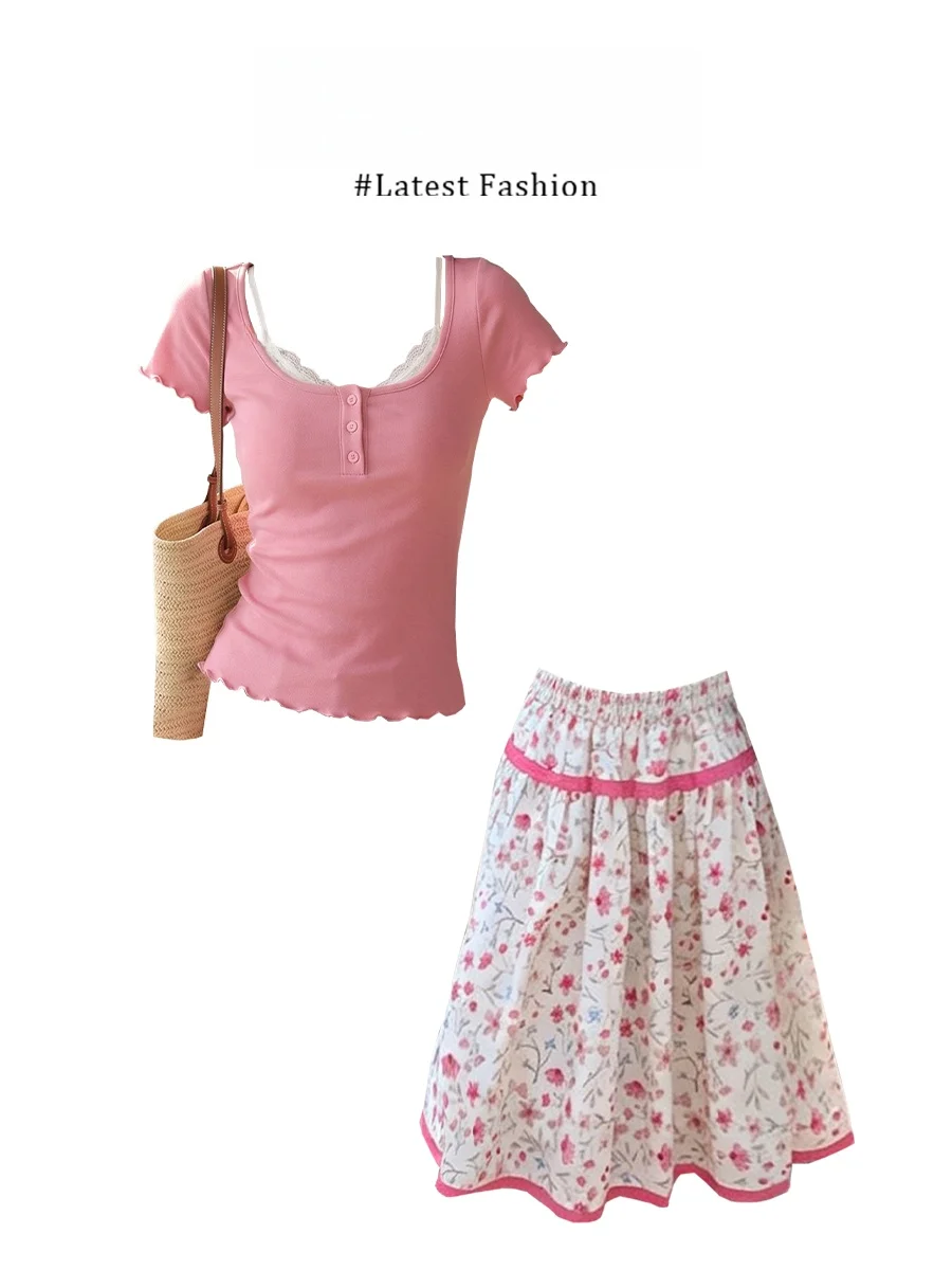 

Parkyeon Sweet Style T-Shirt Skirt Set Short Sleeve U-Neck Pleated Floral Print Casual Fashion Summer Outfit for Women